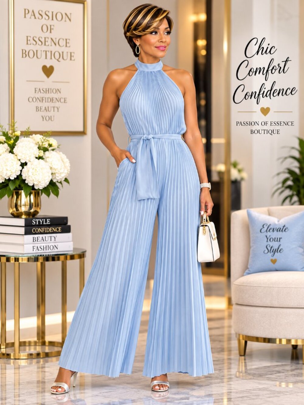Light Blue Pleated Halter Wide Leg Jumpsuit Belted Size 2X